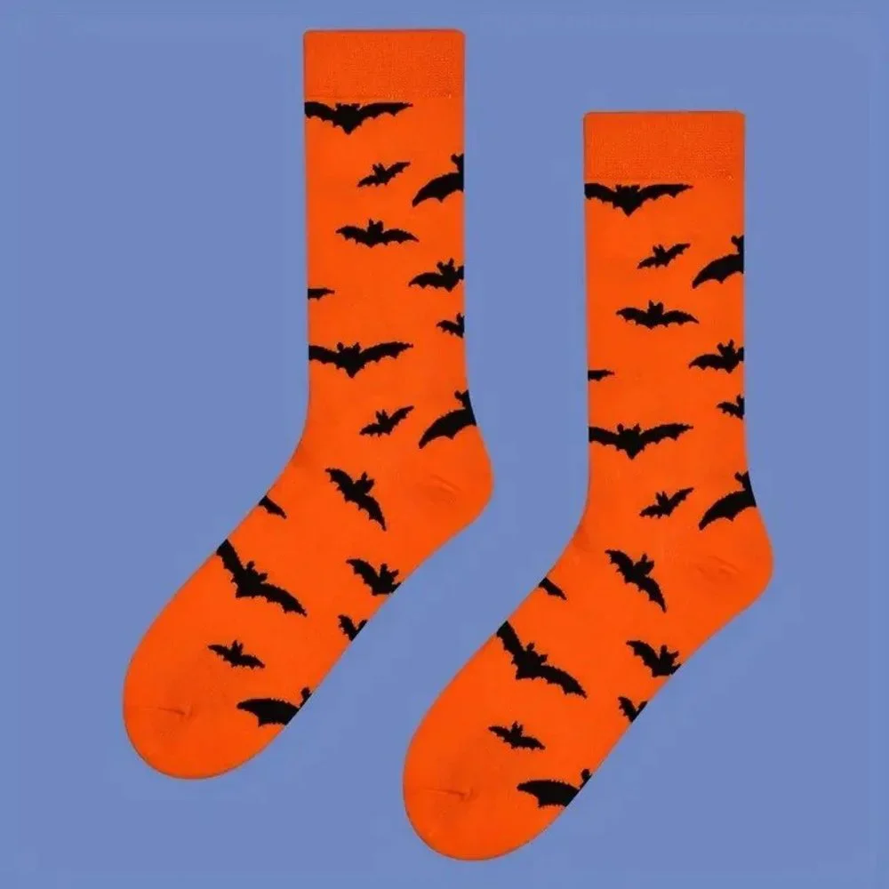 Bat Socks Orange Crew Length Unisex Halloween Goth